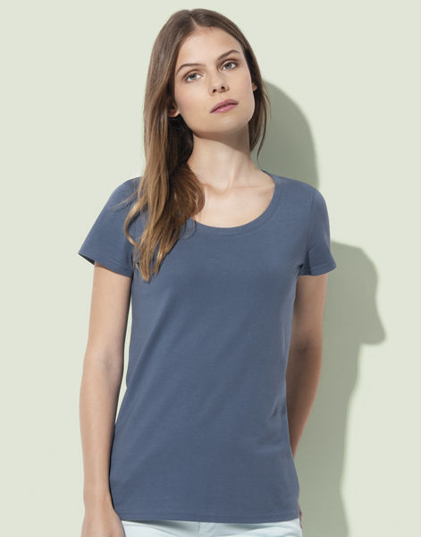 T-shirt publicitaire femme manches courtes | Janet Crew Neck Women Denim Blue