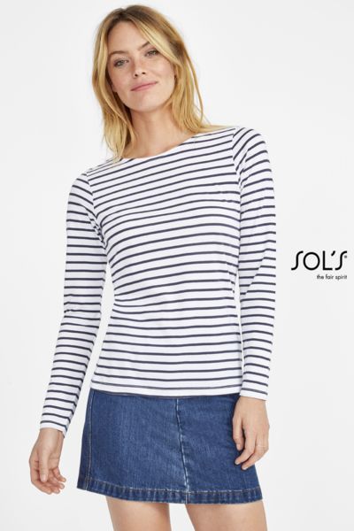 Tee-shirt publicitaire femme manches longues rayé | Marine Women