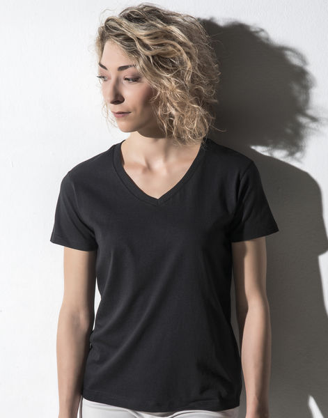 T-shirt publicitaire femme petites manches cintré col en v | Veronique Black