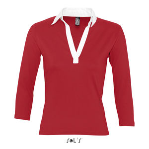 Polo personnalisé rugby bicolore femme manches 3/4 | Panach Rouge carmin